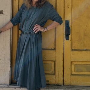 Magnolia Pearl Blue Long Sleeve T-Shirt Dress cut on a bias.